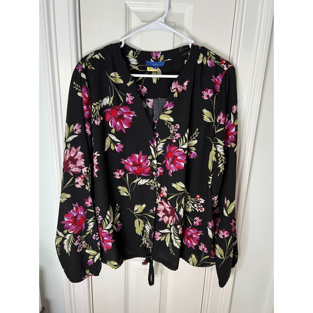 Apt. 9 Women XL Black Floral Button Front Drawstring Hem Long Sleeve Blouse